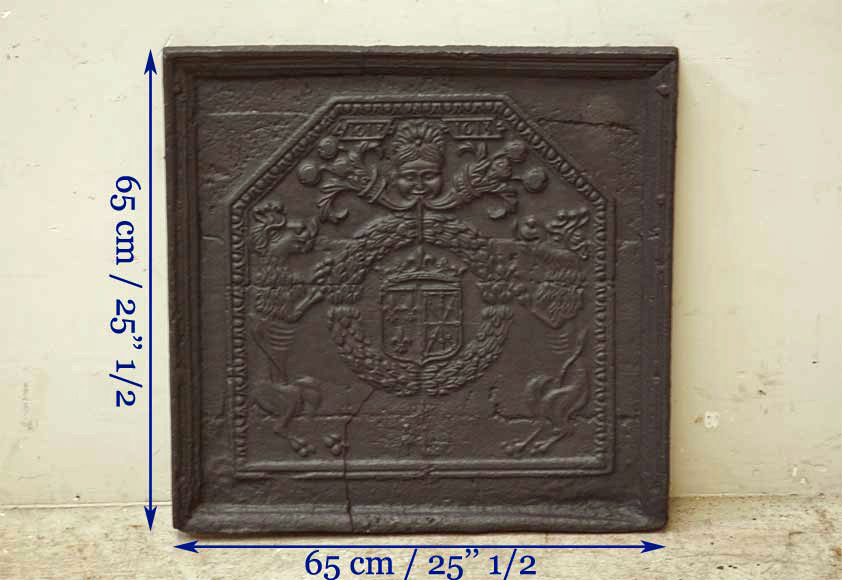 Antique cast iron fireback with France and Navarra coat of arms dated 1613-6