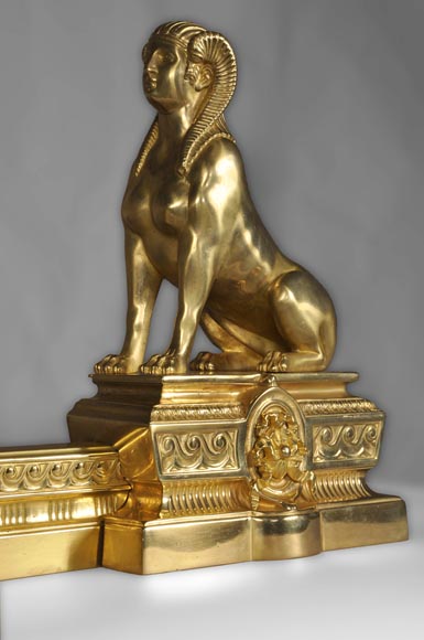 Antique firedog with sphinges decoration in golden bronze-5
